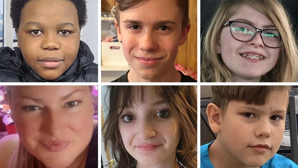 close-up side-by-side headshots of six of the victims, including five children and one adult