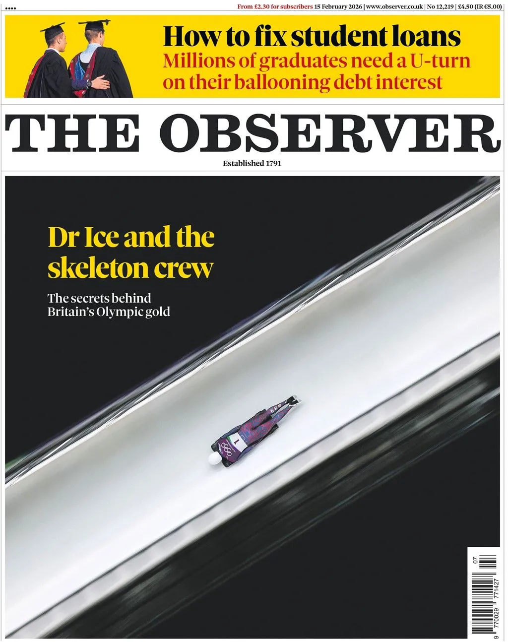 The headline on the front page of the Observer reads: “Dr Ice and the skeleton crew”.