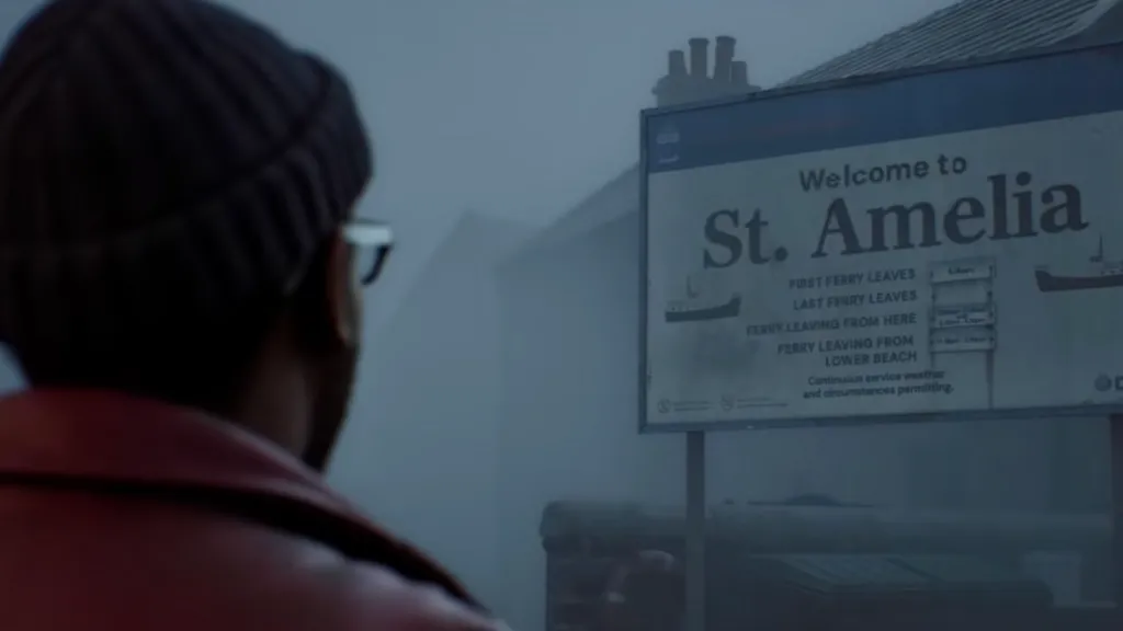 An in-game screenshot of Silent Hill Townfall. We see the back of a man who is looking at a sign that says "Welcome to St. Amelia".