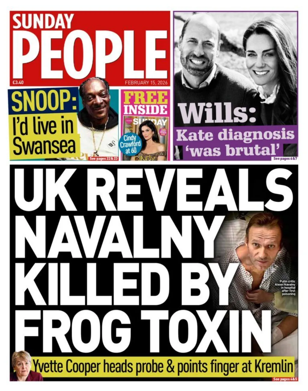 The headline on the front page of the Sunday People reads: “UK reveals Navalny killed by frog toxin”. 