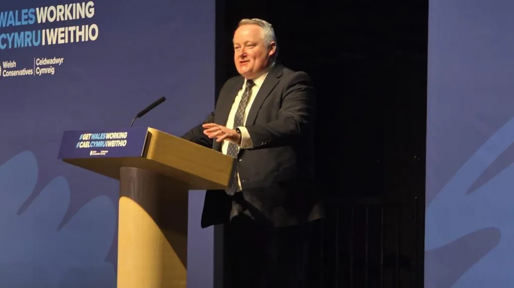 Darren Millar speaking in front at a lectern which reads Get Wales Working in English and Welsh.