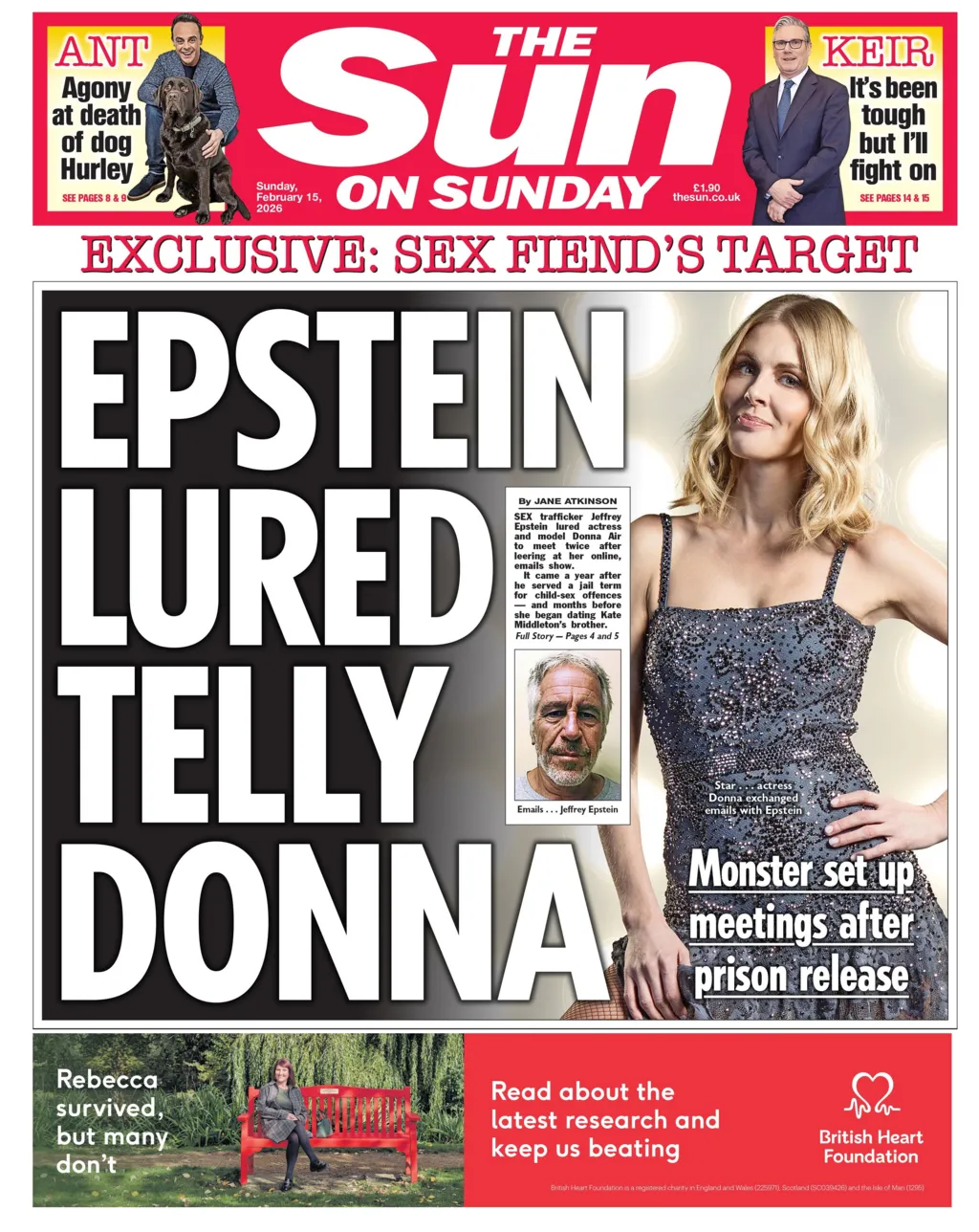 The headline on the front page of the Sun reads: “Epstein lured telly donna”.