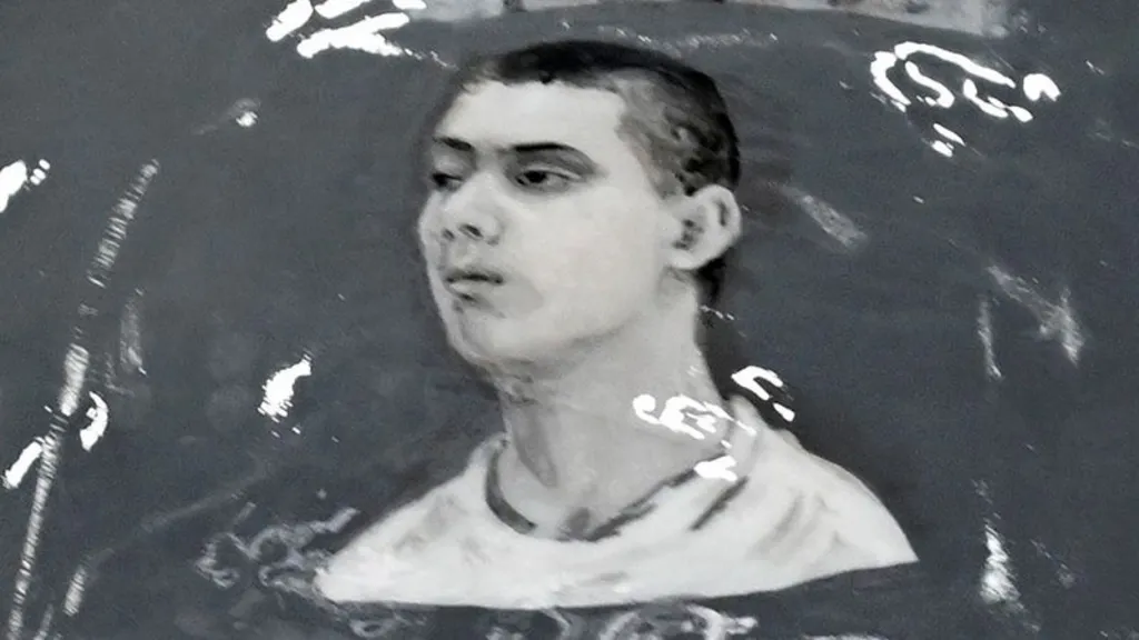 Close up of the helmet featuring a black and white illustration of Fedir Yepifanov. He is drawn from the side and has short, dark hair.