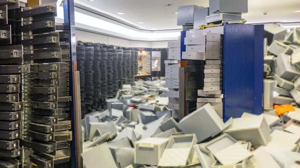 A picture showing a mess in a bank vault with files all over the floor