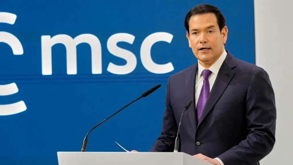 Marco Rubio stands at a podium with two microphones, addressing an audience against a blue backdrop displaying the letters “msc”.