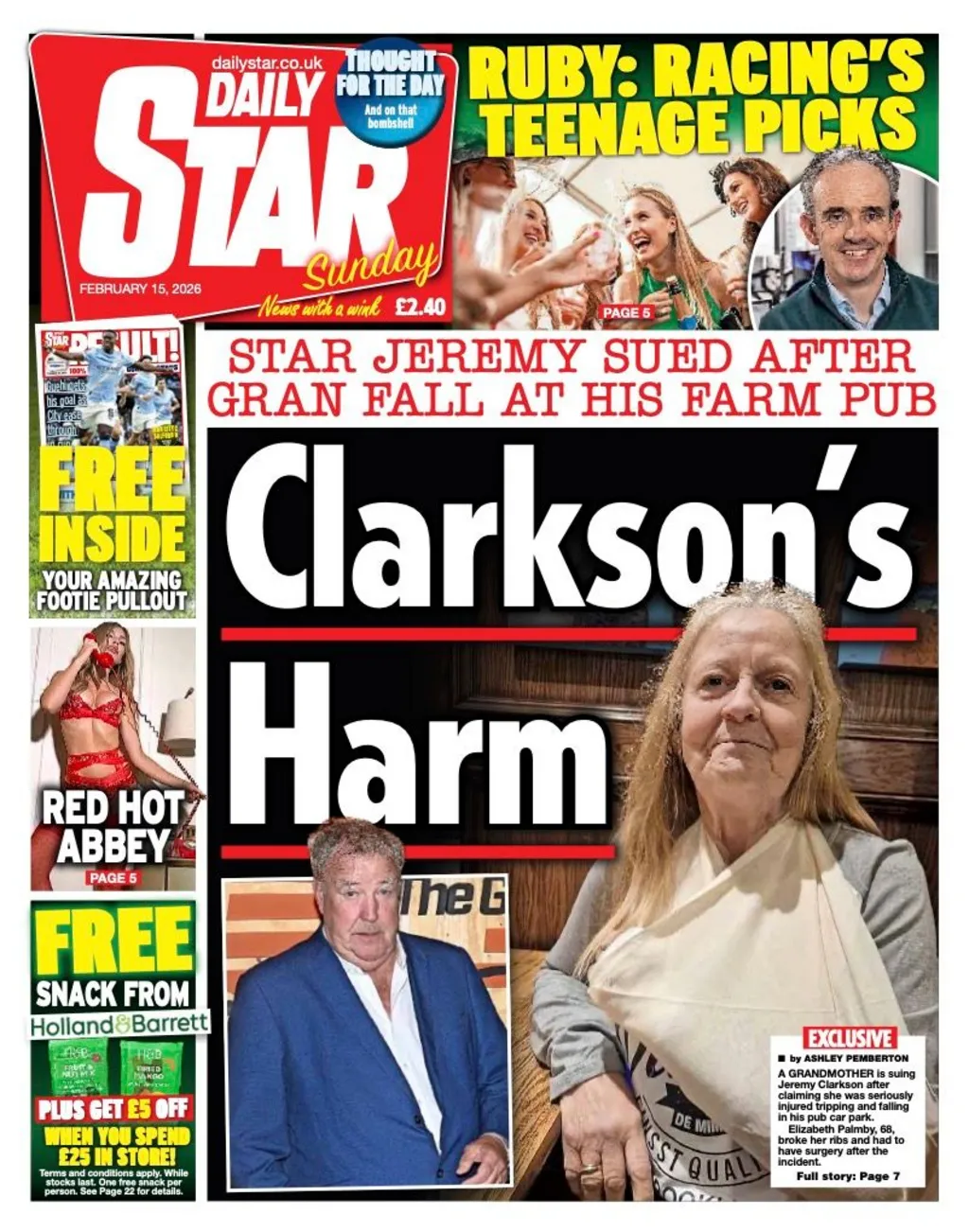 The headline on the front page of the Star reads: “Clarkson's harm”.