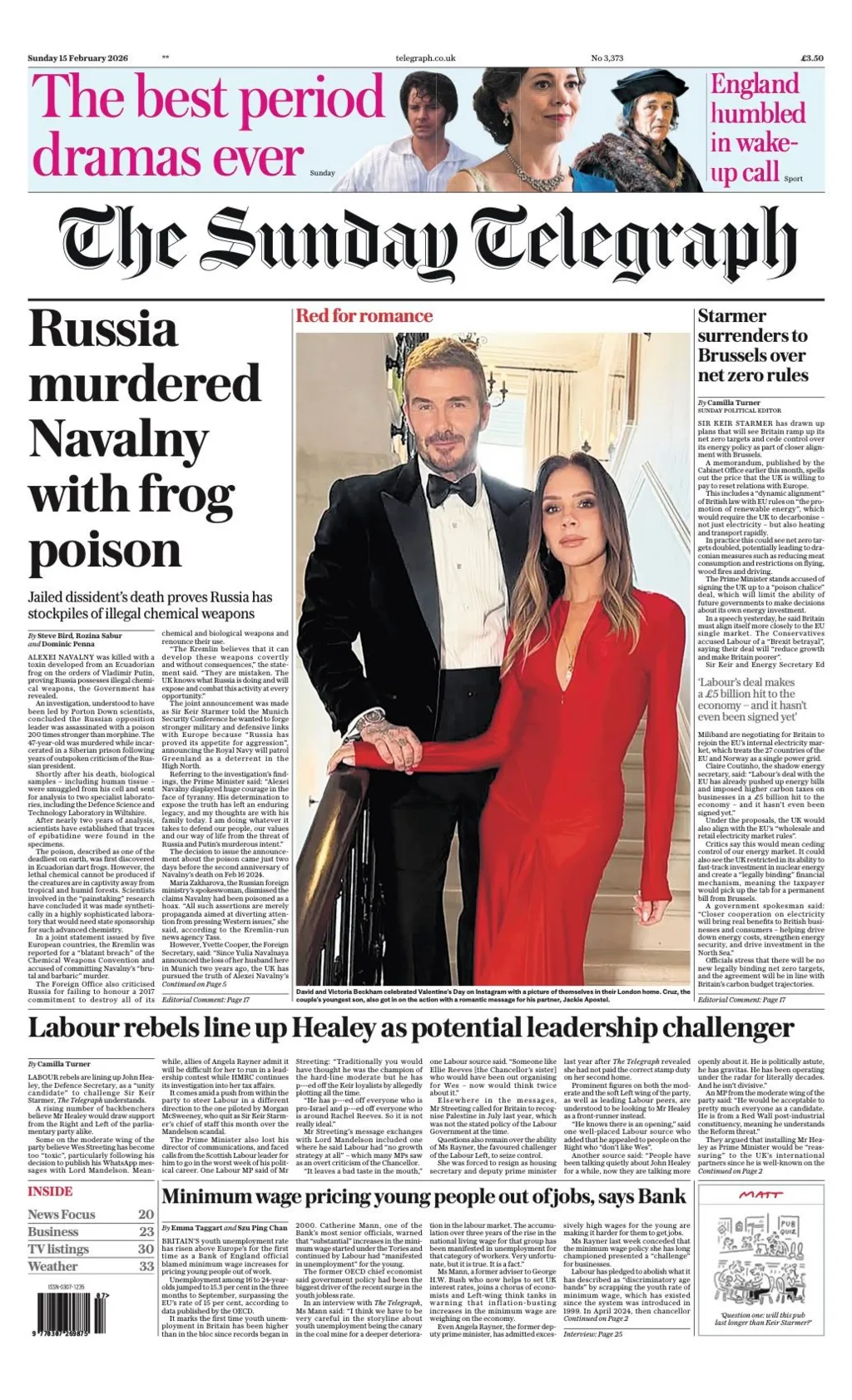 The headline on the front page of the Telegraph reads: “Russia murdered Navalny with frog poison”.