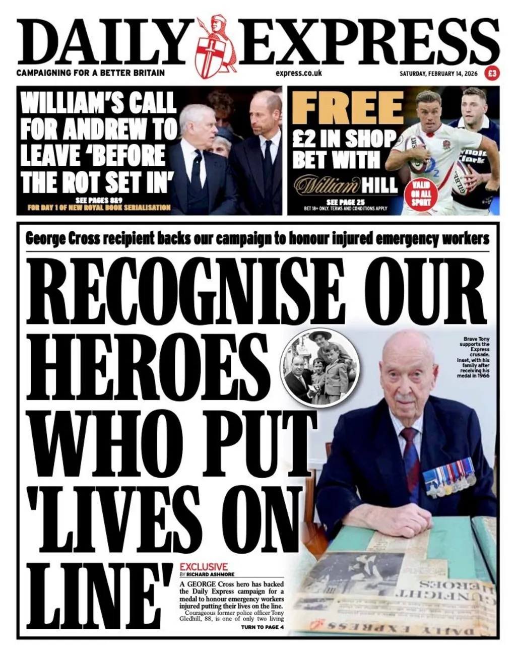 The headline on the front page of the Express reads: “Recognise our heroes who put 'lives on line'”.